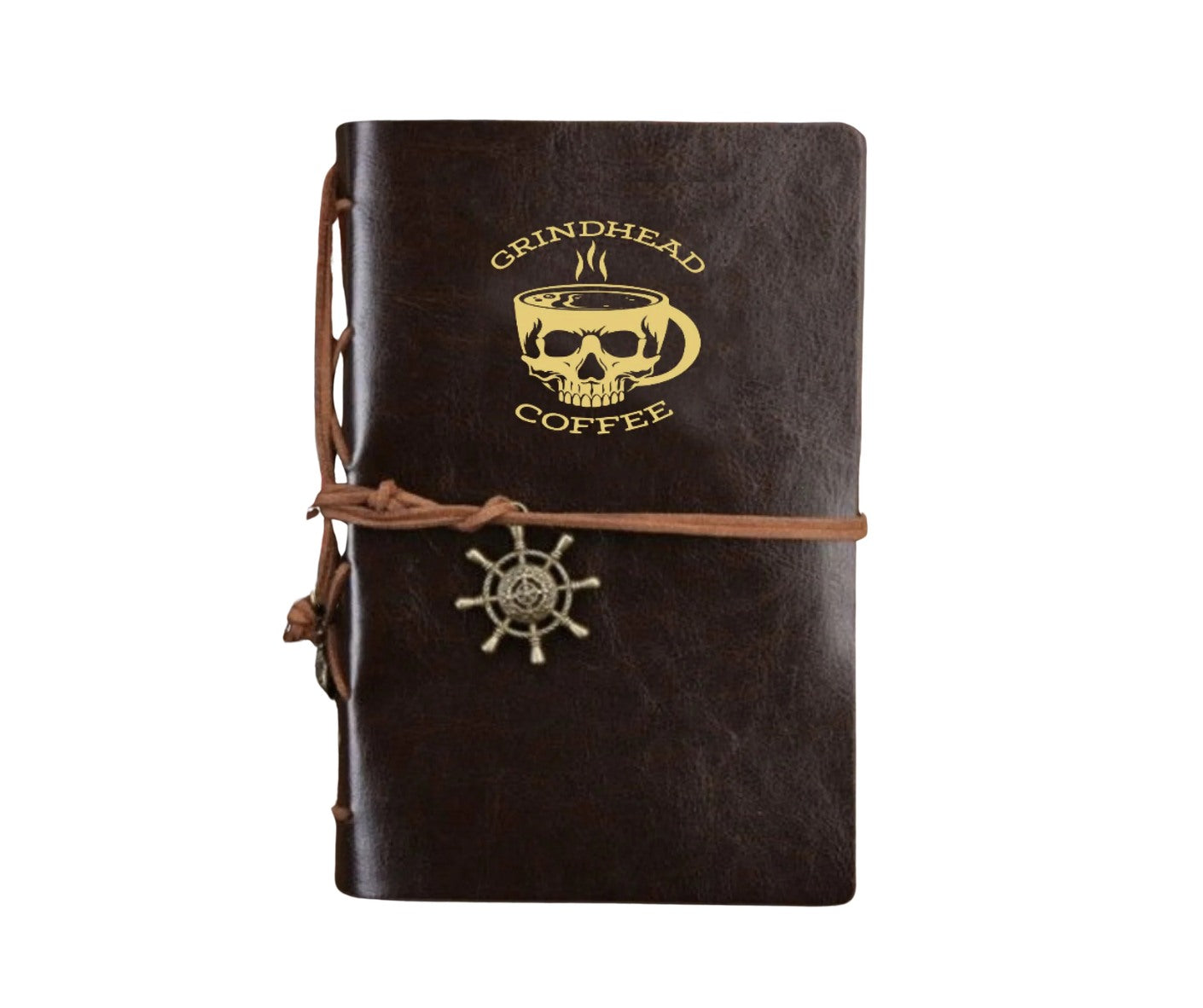 Pirate Journal – Leather Journal, Nautical Wheel Charm & Gold Logo
