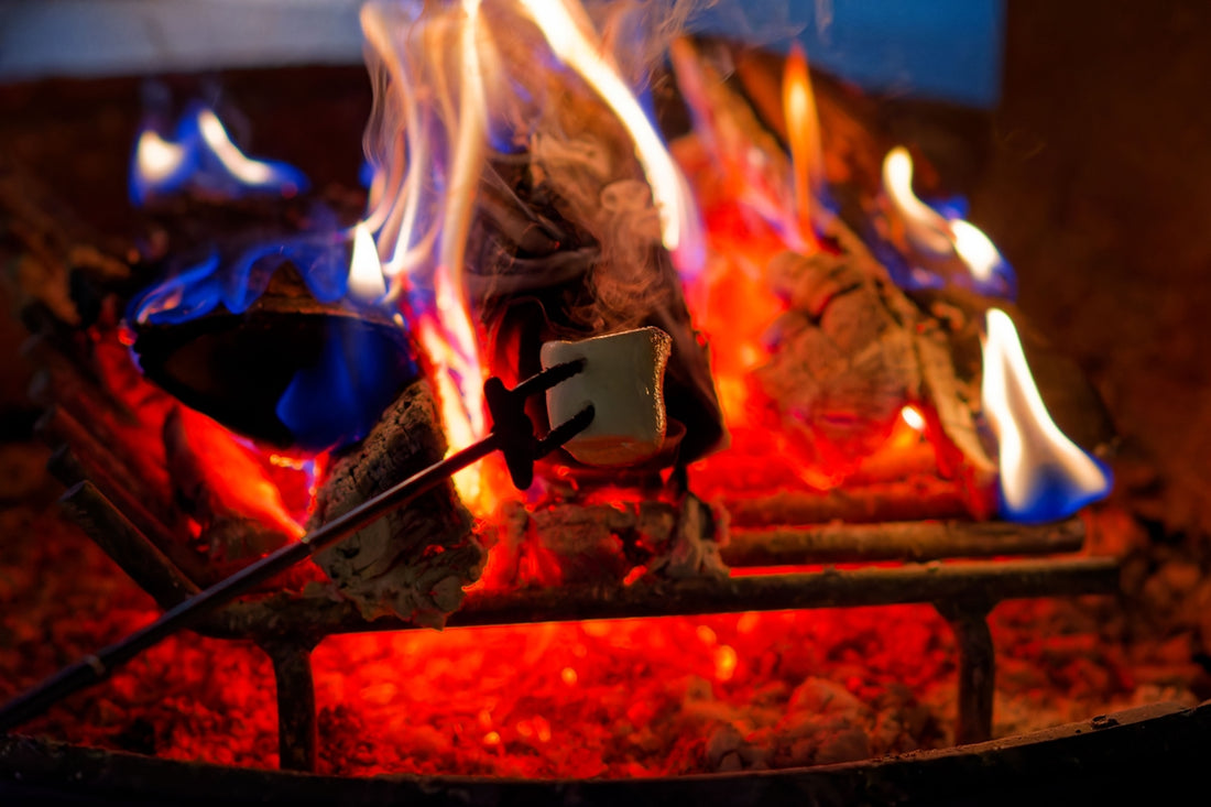 Marshmallow being roasted over a roaring fire.