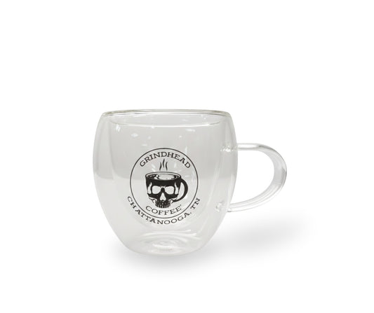 Double-Wall Espresso Cup – 5oz Insulated Glass, Rugged Skull Logo