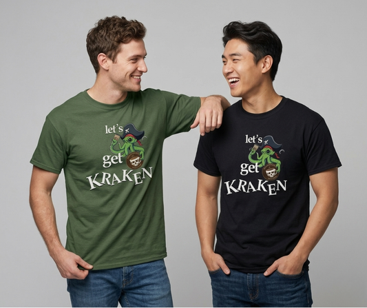Two men wearing 'let's get kraken' t-shirts on a gray background